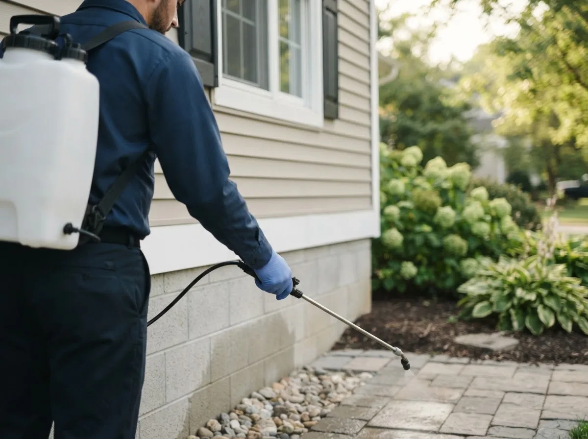 Pest control technician inspecting a home in Barksdale, TX